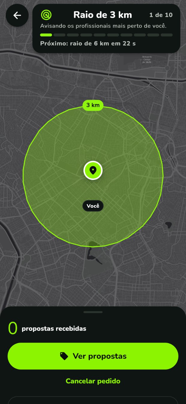 Tela da busca: anéis de 3 em 3 km no mapa
